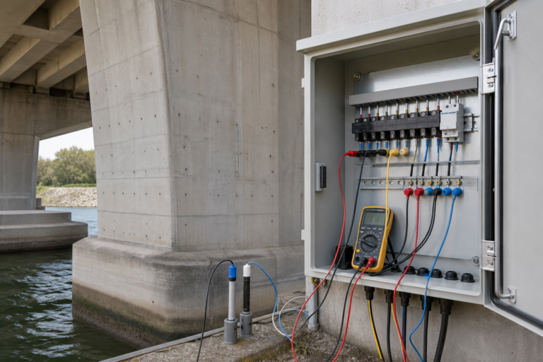 Cathodic protection monitoring cabinet and reference-electrode leads beside a reinforced concrete bridge pier
