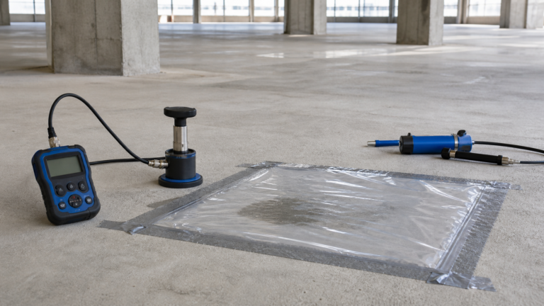 People-free concrete slab moisture testing setup before application of a protective coating