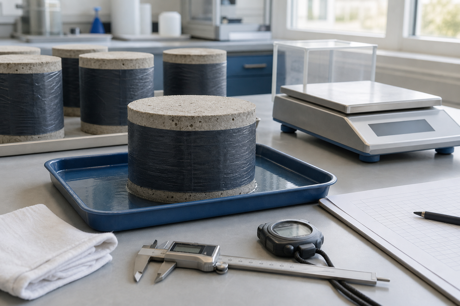 Sealed concrete core specimens undergoing one-face sorptivity water absorption testing in a laboratory
