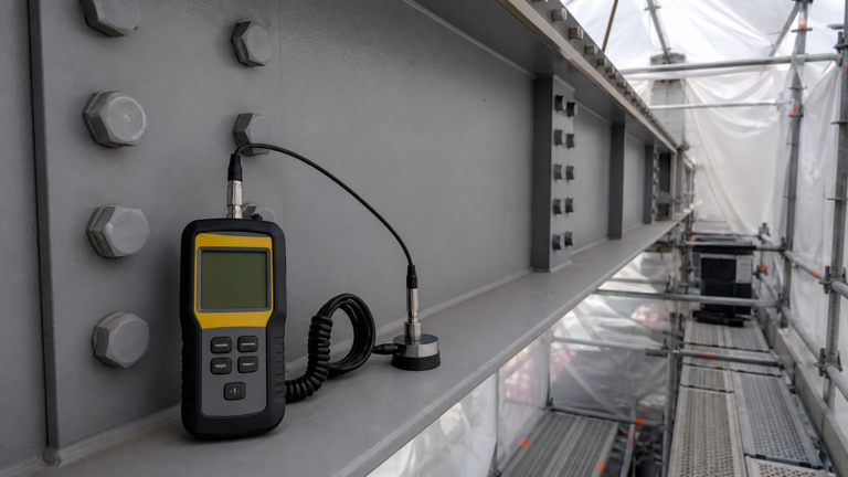 Dew point meter and surface temperature probe monitoring prepared structural steel before coating