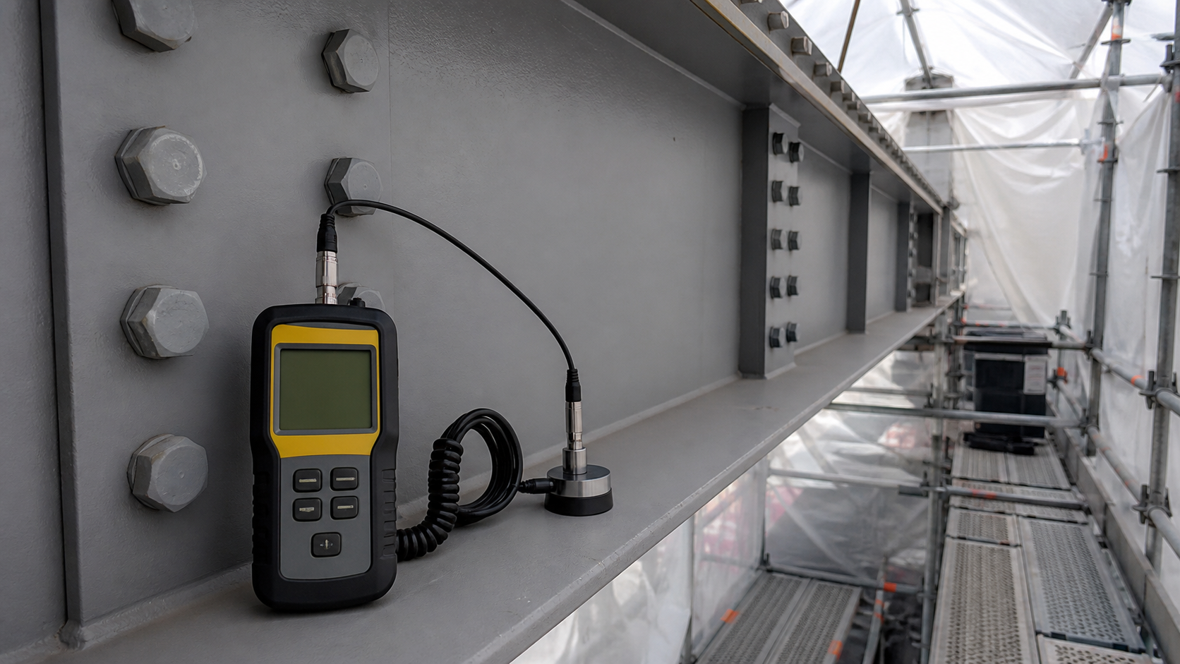Dew point meter and surface temperature probe monitoring prepared structural steel before coating