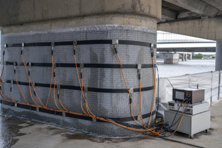 Temporary electrochemical chloride extraction mesh and monitoring cables installed around a reinforced concrete bridge pier
