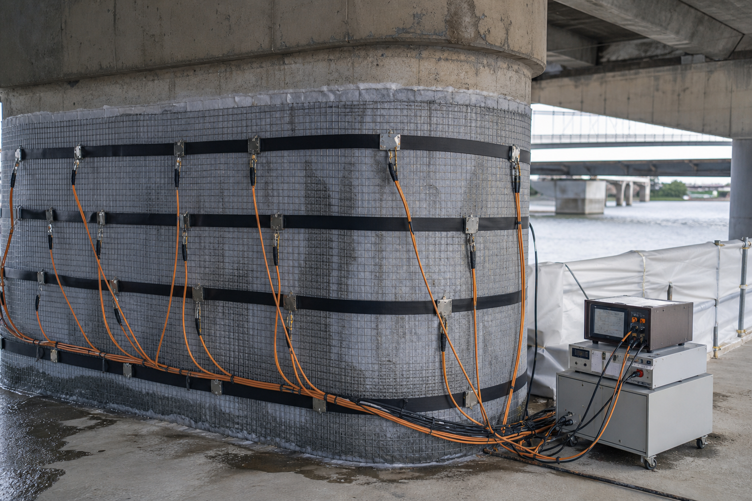 Temporary electrochemical chloride extraction mesh and monitoring cables installed around a reinforced concrete bridge pier