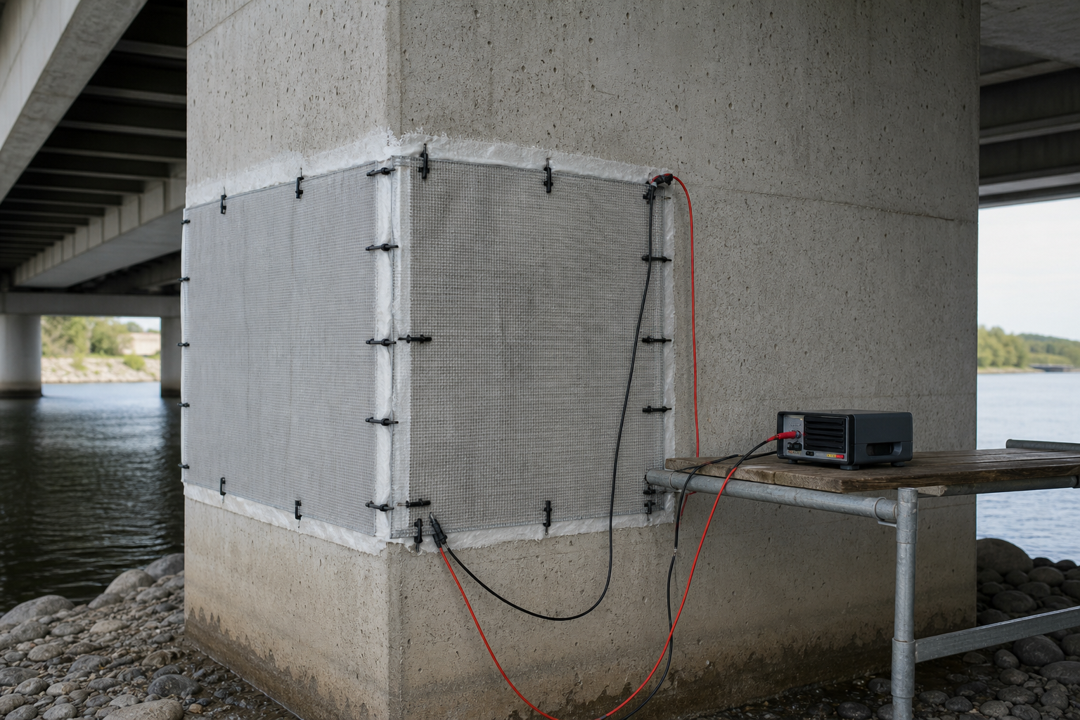 Temporary electrochemical realkalization mesh and monitoring cables installed on a carbonated reinforced concrete bridge pier