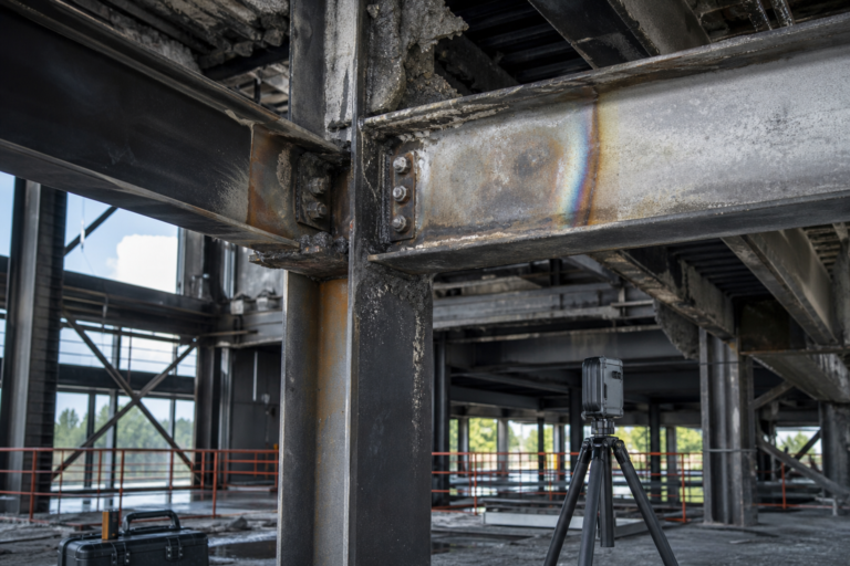 Heat-discolored structural steel beam and column connection during post-fire laser survey