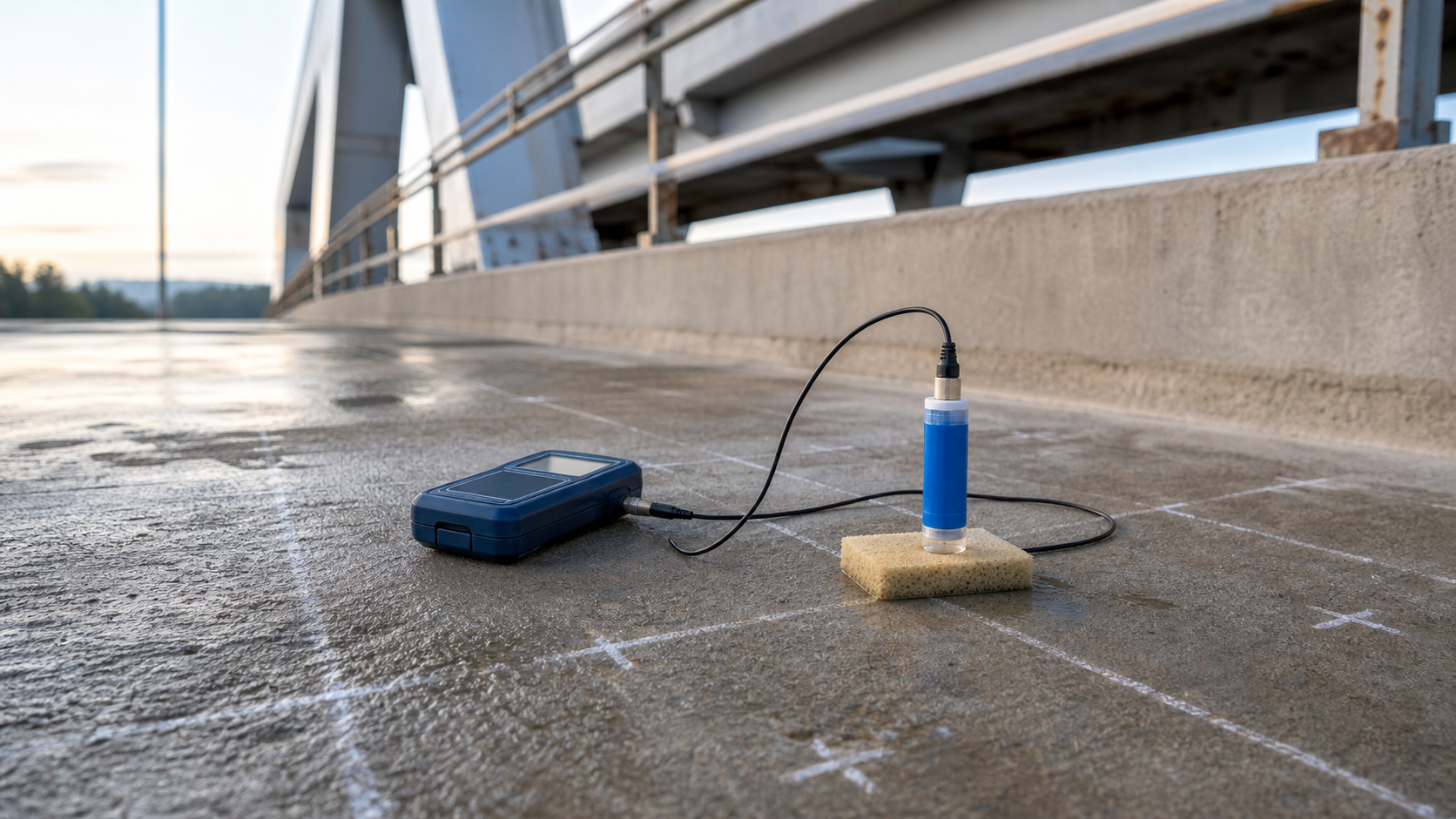 Half-cell reference electrode and voltmeter on a marked reinforced concrete bridge deck