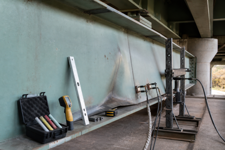 Bent steel bridge girder prepared with measuring tools and controlled restraint for heat straightening