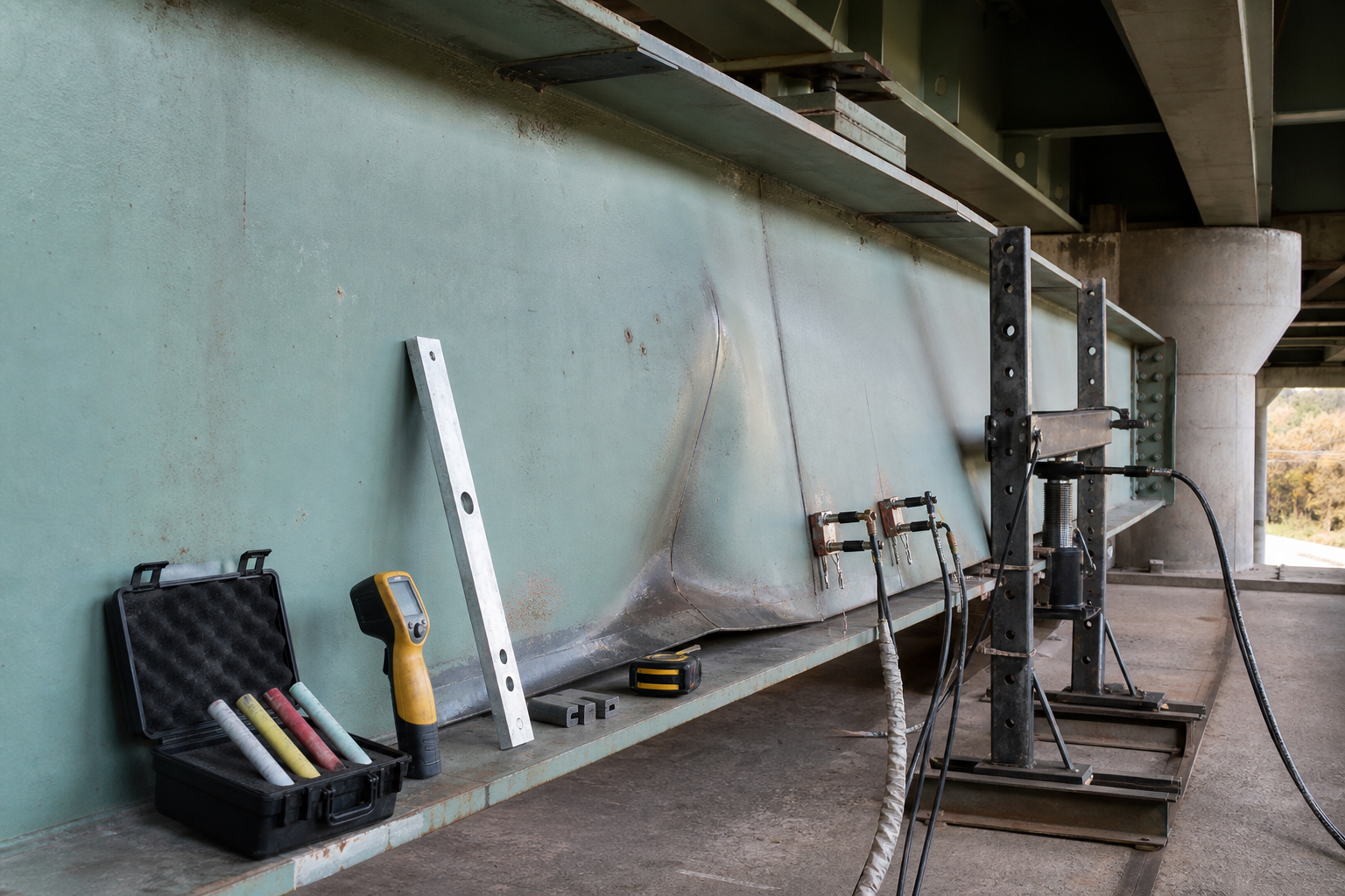Bent steel bridge girder prepared with measuring tools and controlled restraint for heat straightening
