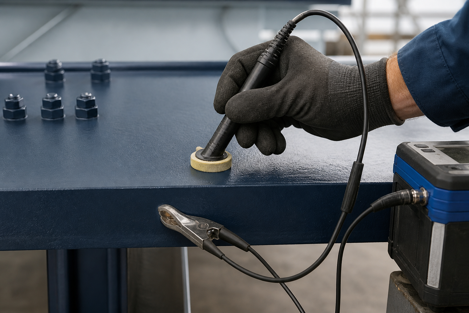 Holiday detection testing on a newly coated structural steel plate using a wet-sponge probe