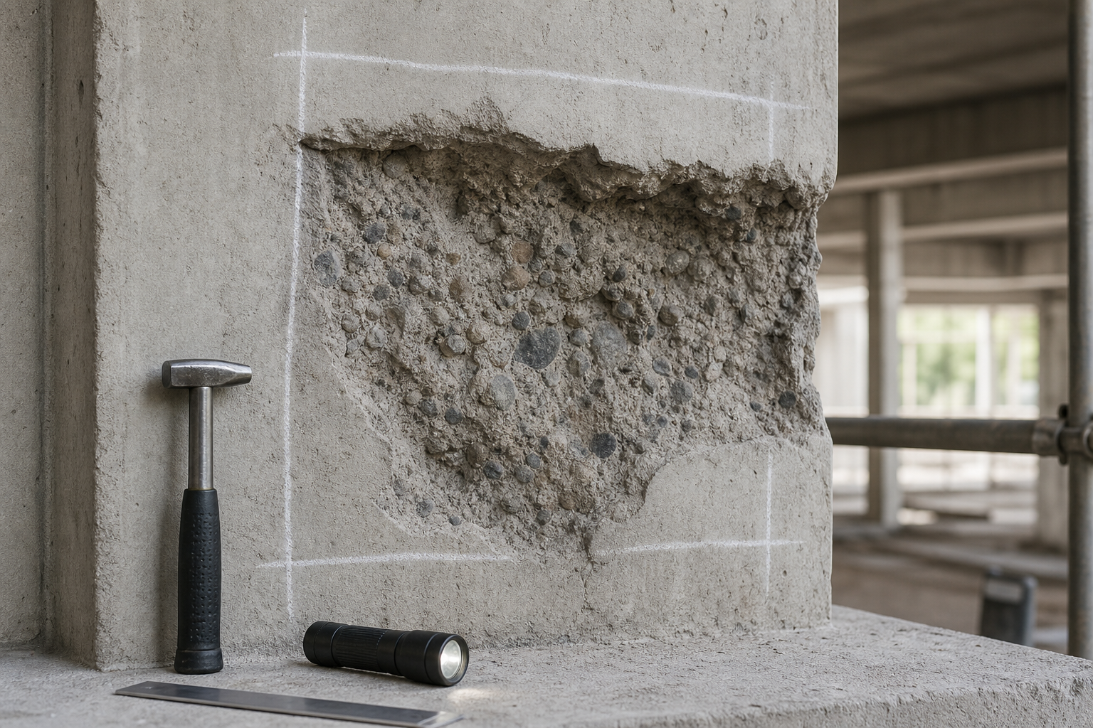 Localized honeycombed concrete defect marked for engineering assessment with sounding hammer ruler and flashlight