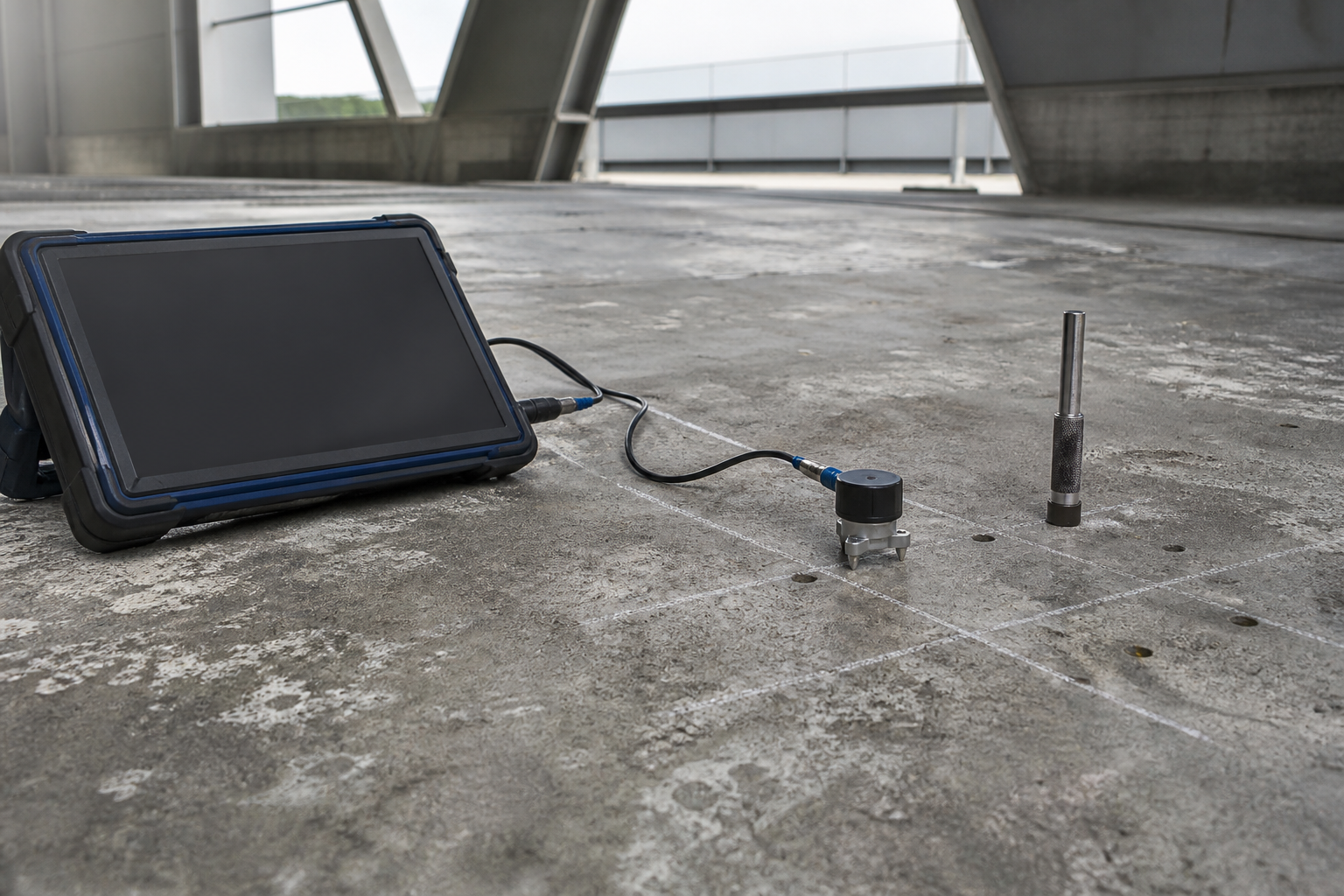 Impact-echo sensor and field instrument testing a marked grid on an existing concrete slab