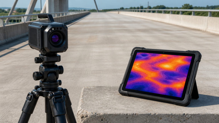 Infrared thermal camera and false-color thermogram used to survey a concrete bridge deck for delamination