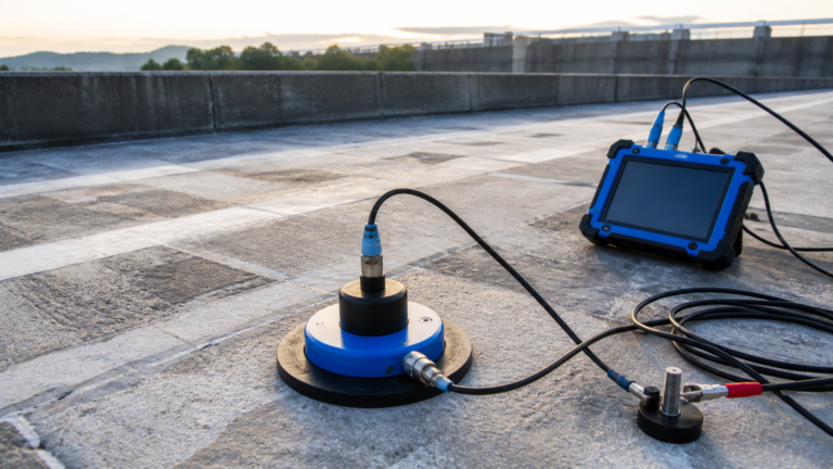 Linear polarization resistance probe measuring reinforcement corrosion rate on a concrete bridge deck