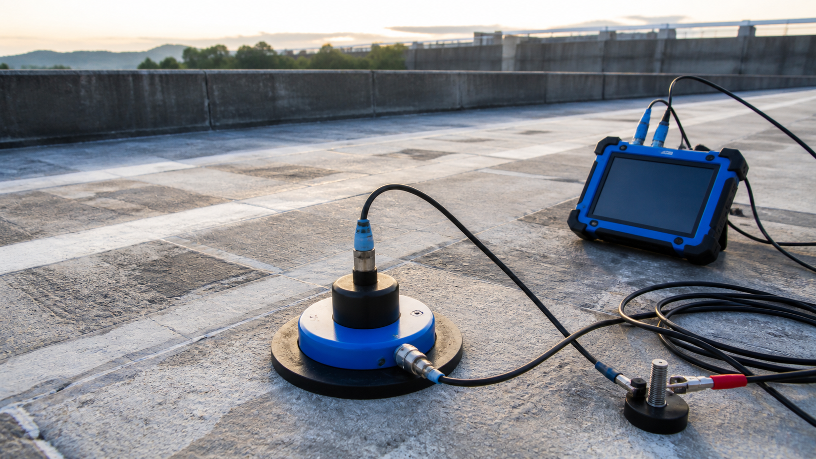 Linear polarization resistance probe measuring reinforcement corrosion rate on a concrete bridge deck