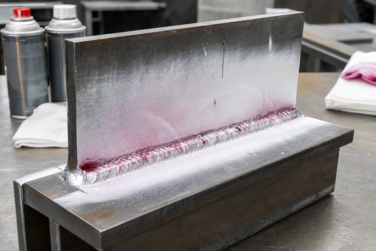 Liquid penetrant testing on a structural steel fillet weld with white developer and red surface indications