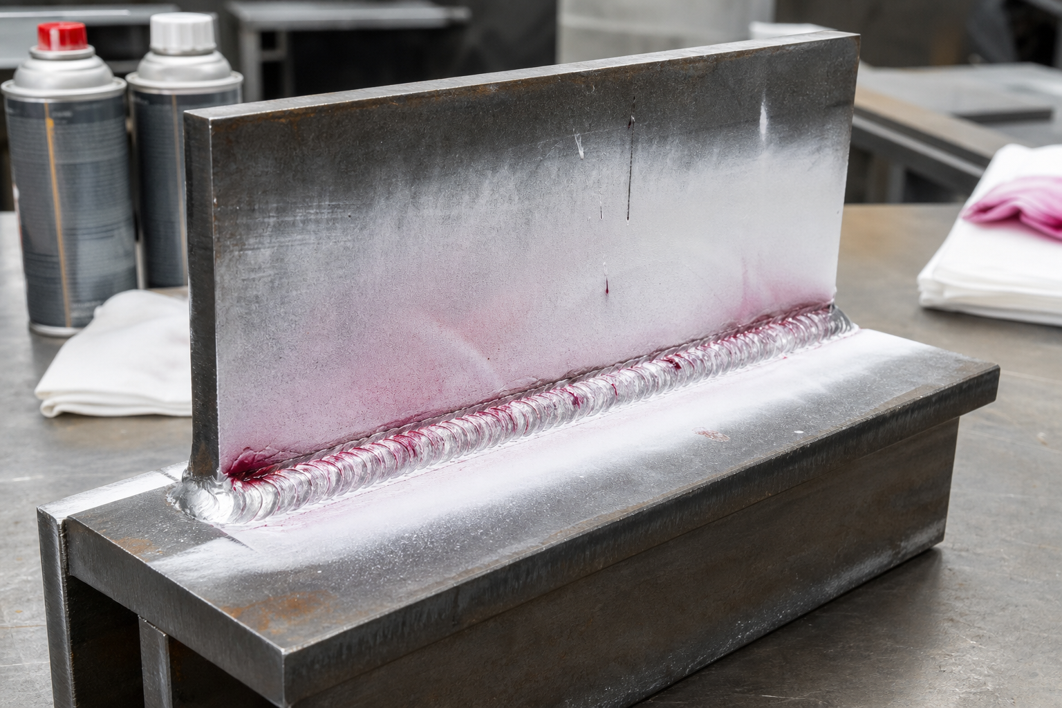 Liquid penetrant testing on a structural steel fillet weld with white developer and red surface indications