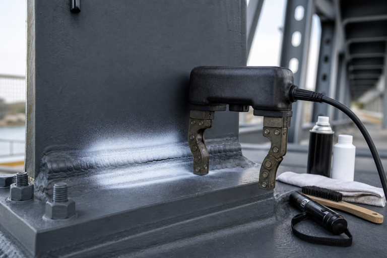 Magnetic yoke testing a structural steel weld with white contrast paint and a visible particle indication