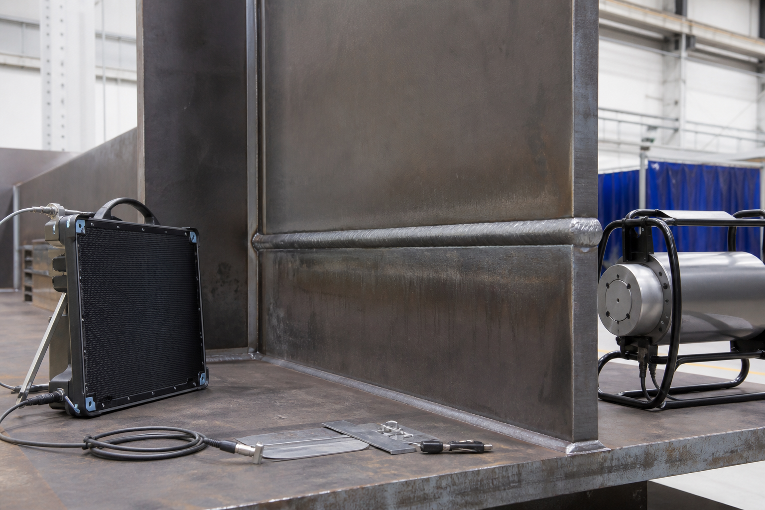 People-free radiographic testing setup aligned across a structural steel groove weld