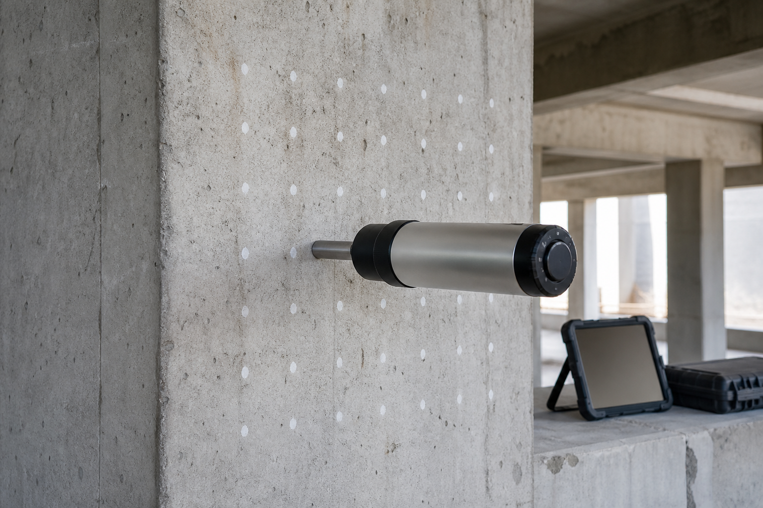 Rebound hammer instrument testing a marked grid on an existing concrete column