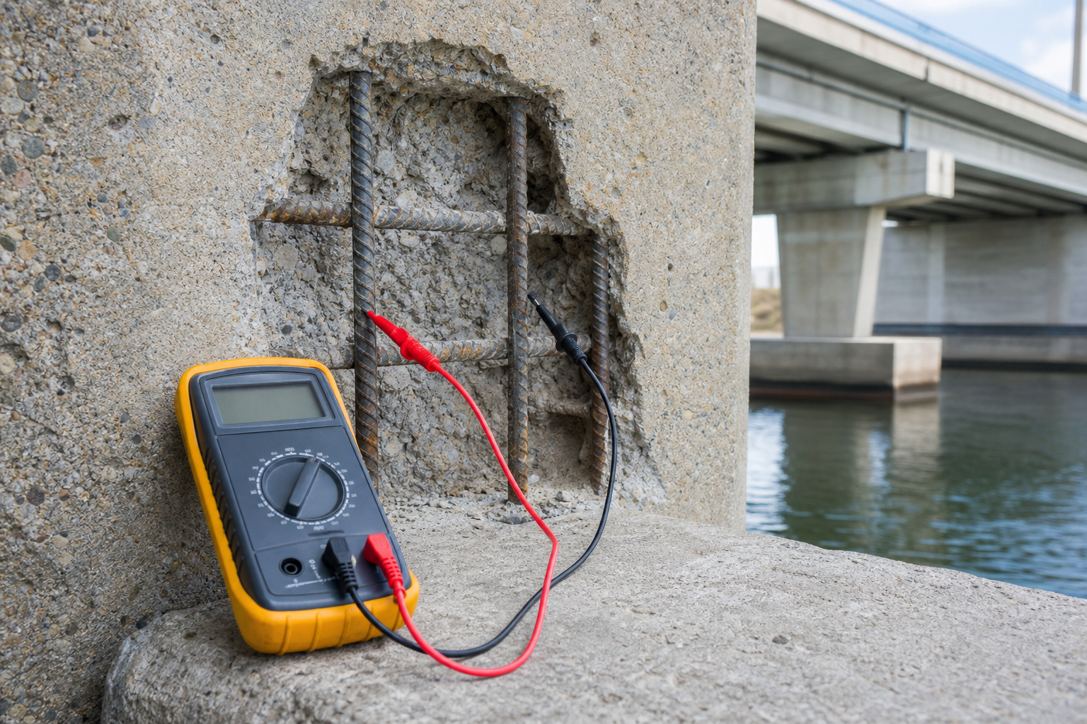 Digital multimeter testing electrical continuity between exposed reinforcement points on a concrete bridge