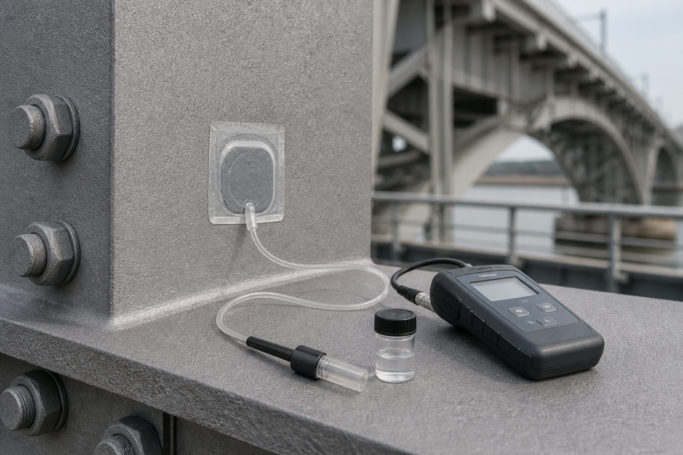 Bresle patch and conductivity meter testing soluble salts on prepared structural steel