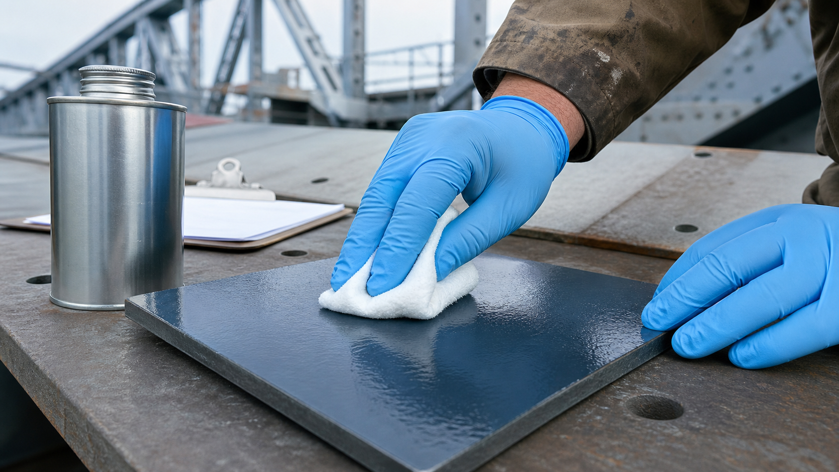 Gloved male inspector performing solvent rub cure testing on a coated structural steel panel