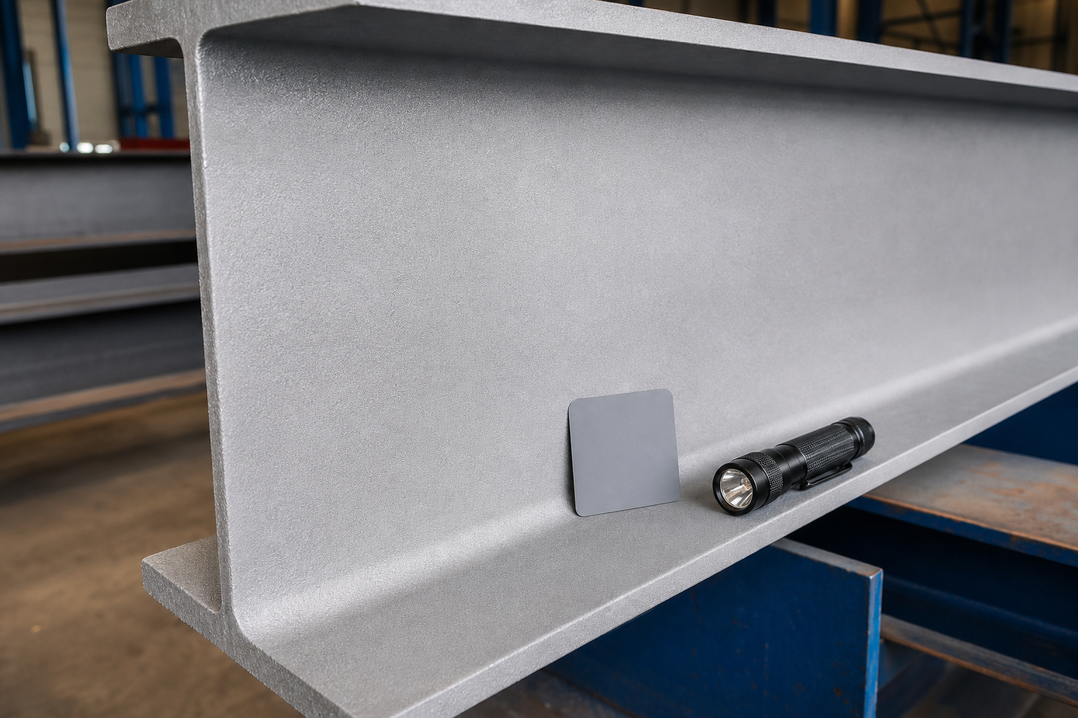 Blast-cleaned structural steel surface prepared for visual cleanliness inspection before coating