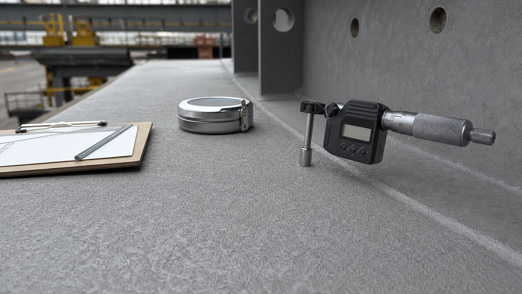 Surface profile depth micrometer inspecting abrasive-blast-cleaned structural steel before coating