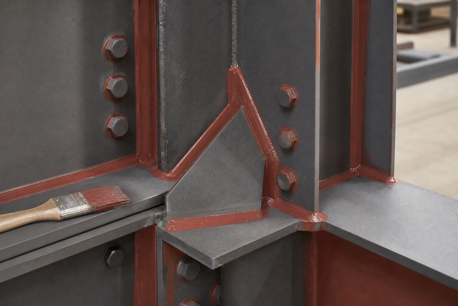 People-free close view of red-brown stripe coating on structural steel edges welds and bolts