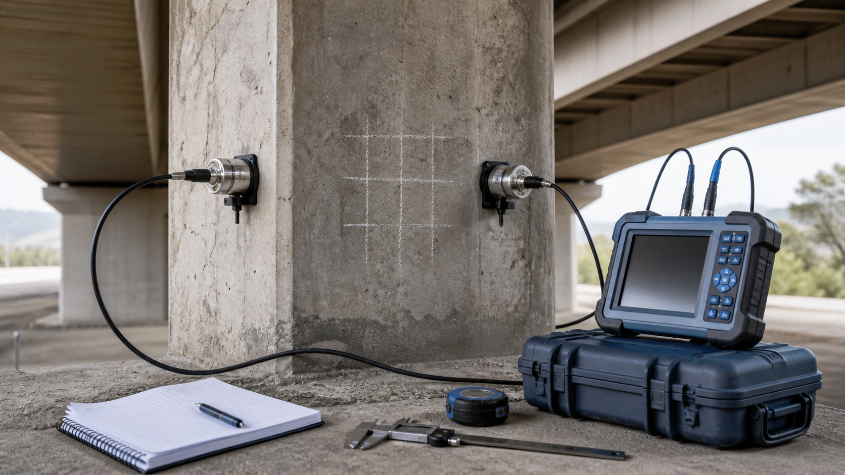 Ultrasonic pulse velocity transducers testing an existing concrete bridge pier with a field instrument