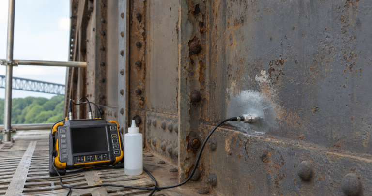 Ultrasonic thickness gauge and probe measuring a cleaned spot on a corroded structural steel bridge girder