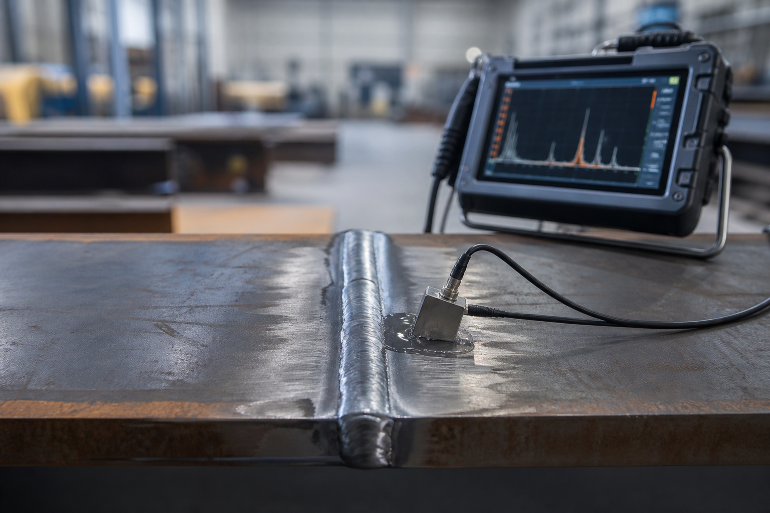 Angle-beam ultrasonic probe and flaw detector examining a structural steel groove weld