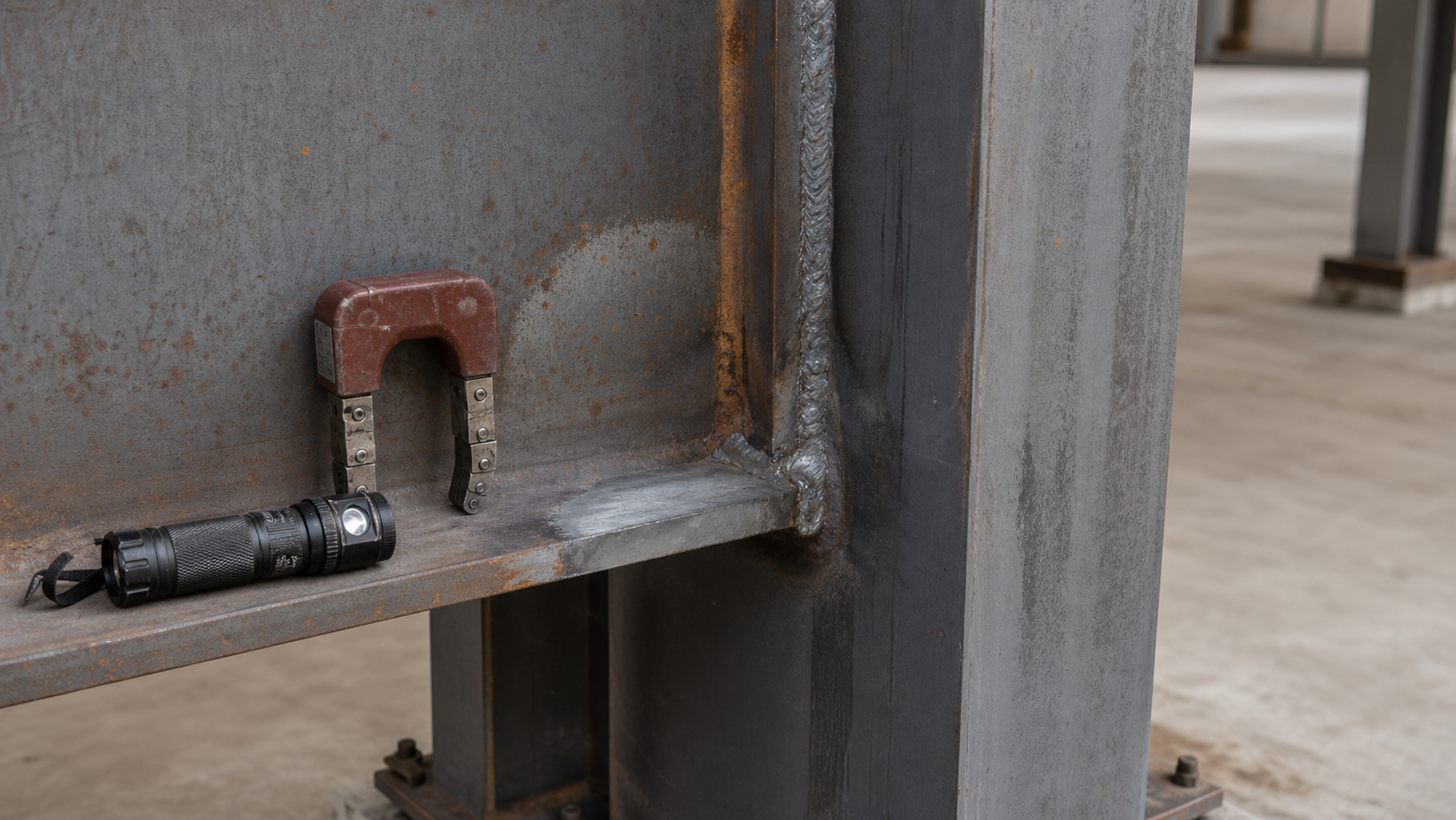 Existing structural steel welded beam connection prepared for magnetic particle inspection