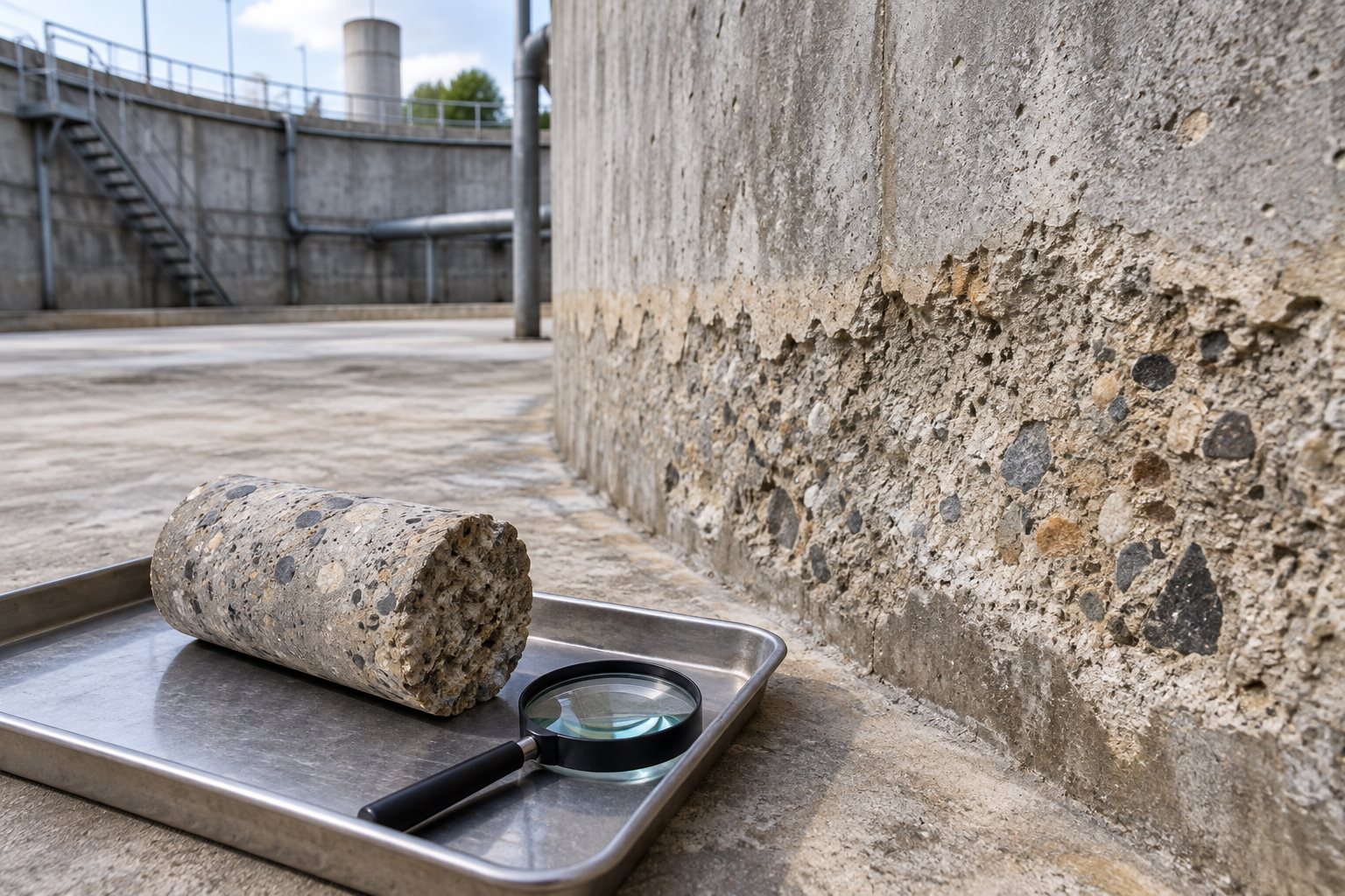 Conceptual acid-damage investigation scene with eroded concrete containment wall, core sample and magnifying glass