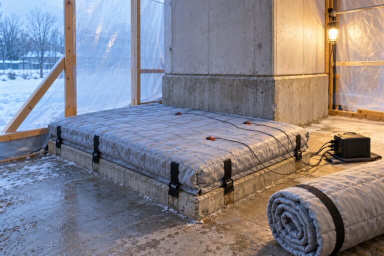 Illustration of insulated blankets protecting a concrete repair inside a winter enclosure with temperature-monitoring equipment