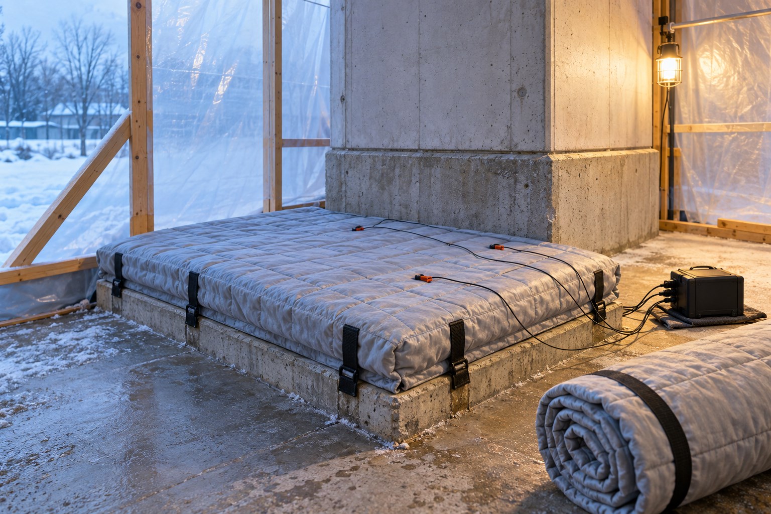Illustration of insulated blankets protecting a concrete repair inside a winter enclosure with temperature-monitoring equipment