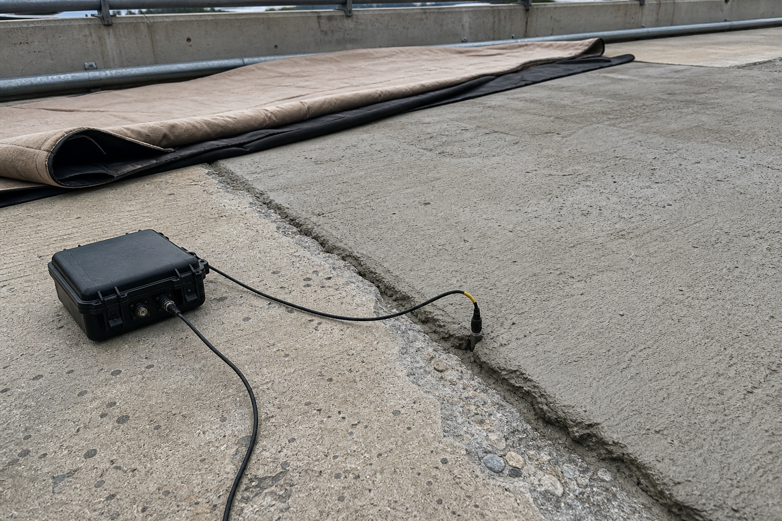Concrete maturity sensor and data logger monitoring a curing bridge deck repair panel