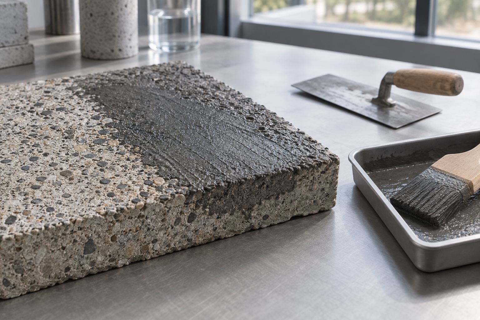 Conceptual laboratory concrete sample with a brushed bonding slurry, plain brush tray and trowel
