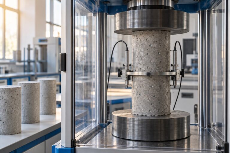 Conceptual laboratory illustration of a concrete cylinder with deformation sensors in a compression testing machine