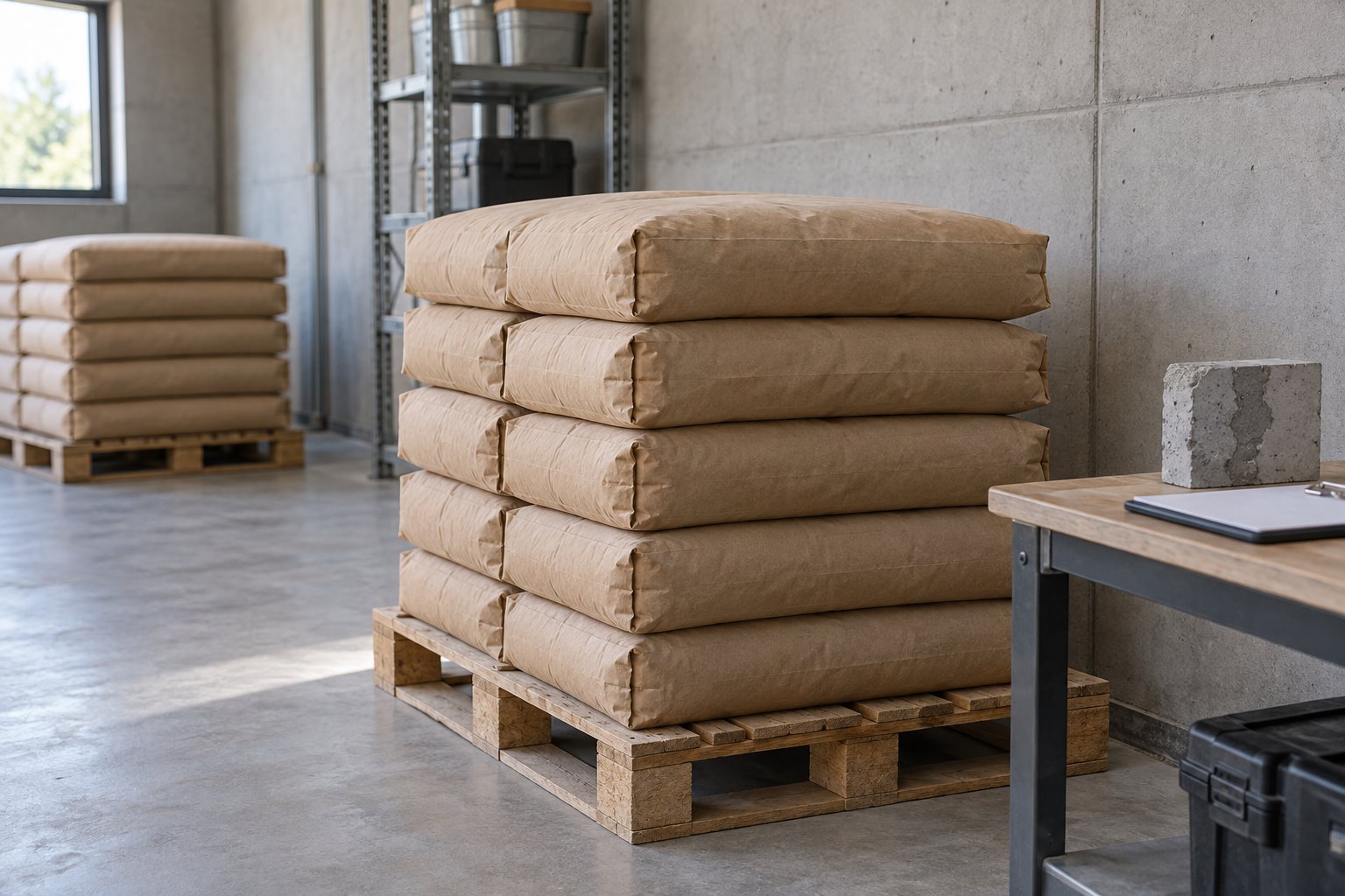 Illustrative dry storeroom with unbranded repair mortar bags on raised pallets and a concrete sample on an inspection bench