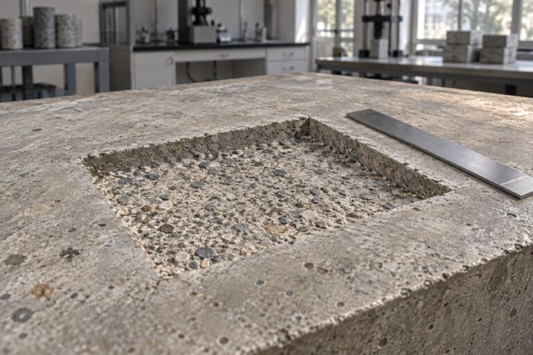 Conceptual concrete demonstration slab with a shallow rectangular repair recess, straight edges and rough aggregate substrate