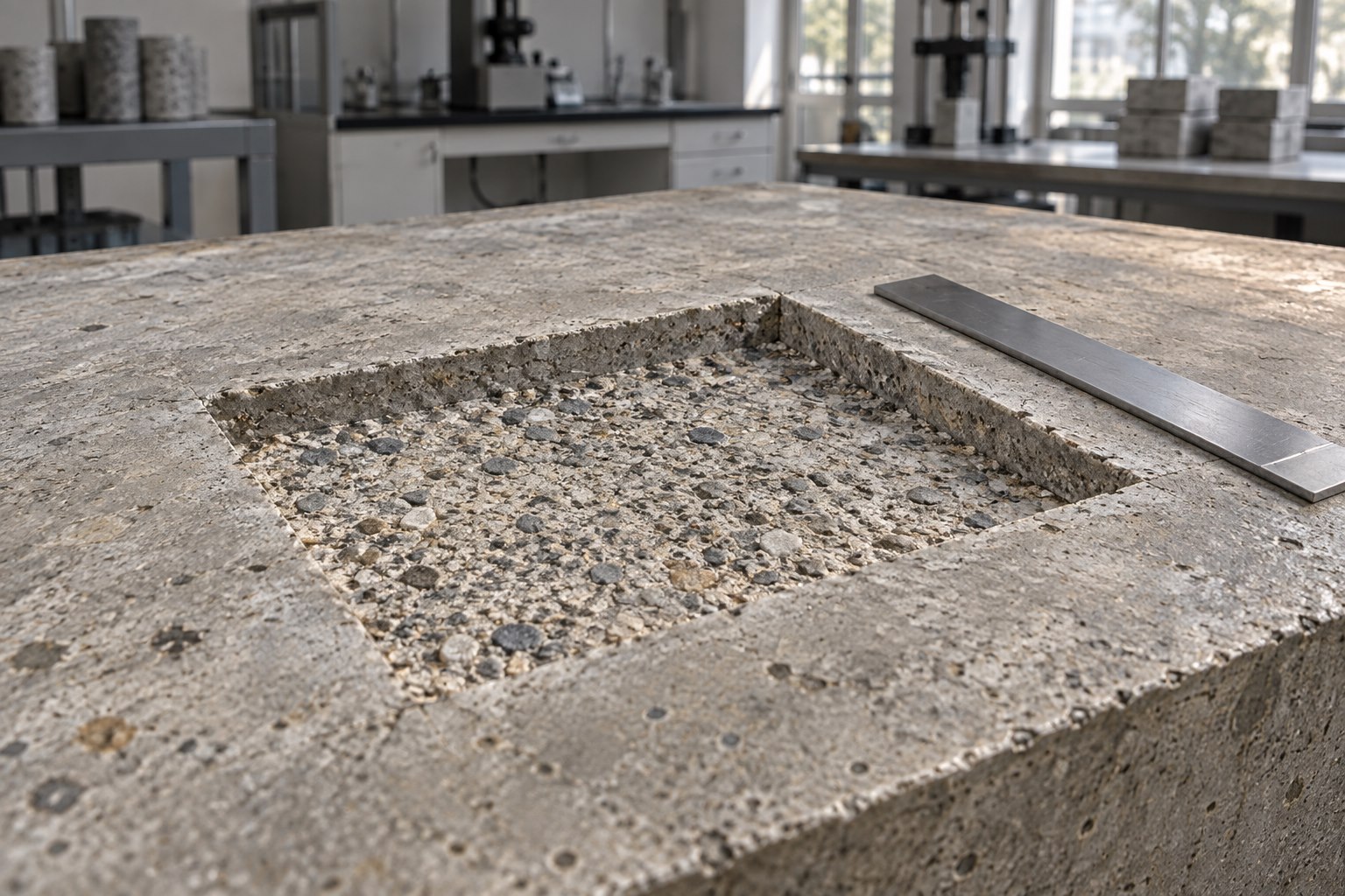 Conceptual concrete demonstration slab with a shallow rectangular repair recess, straight edges and rough aggregate substrate