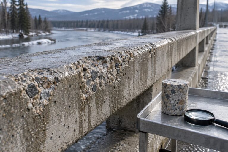 Conceptual frost-damage assessment scene with scaled concrete bridge parapet, core sample, and magnifier