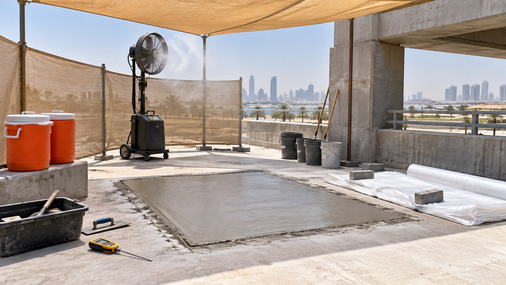 People-free hot-weather concrete repair area with shade, wind screen, misting equipment, thermometer, and curing sheets