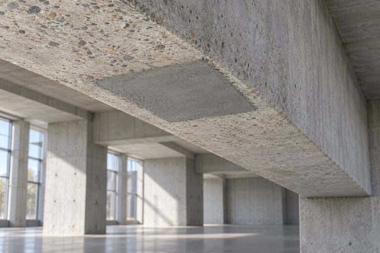 Conceptual illustration of a localized gray mortar patch on the underside of a concrete beam in an empty hall