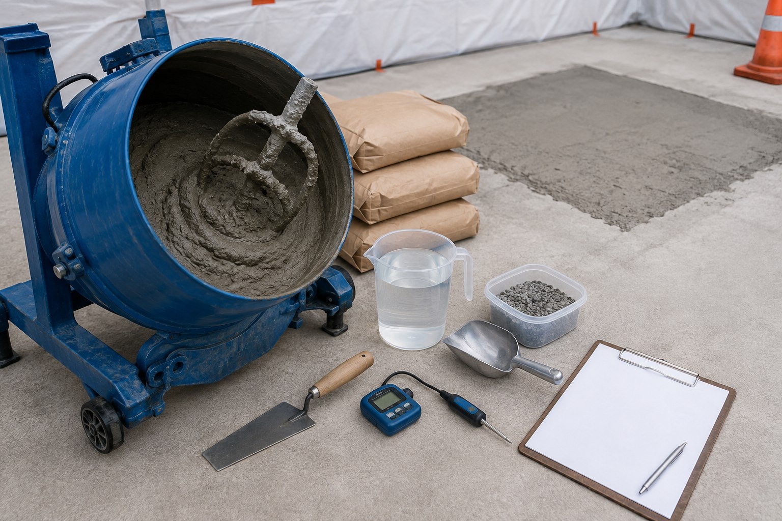 Packaged concrete repair material mixing station with paddle mixer, measured water, thermometer, aggregate, and blank QA checklist
