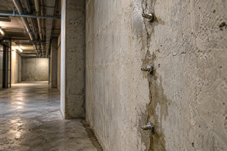 Conceptual illustration of injection packers along a damp crack in a concrete basement wall