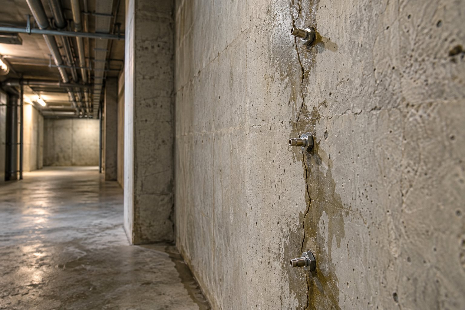 Conceptual illustration of injection packers along a damp crack in a concrete basement wall