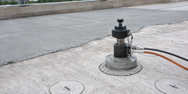 Direct-tension pull-off tester on a prepared concrete repair and bonded overlay