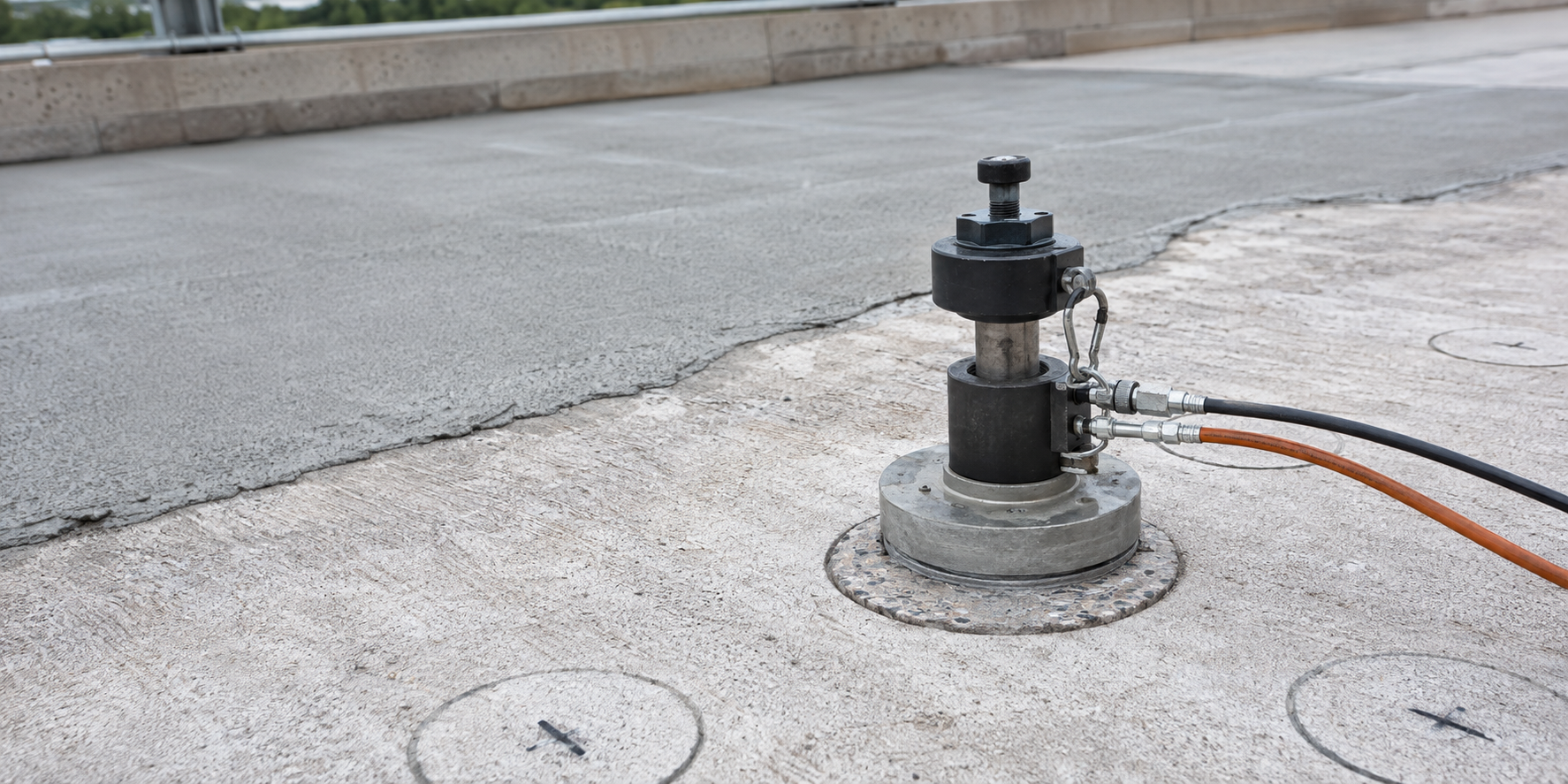 Direct-tension pull-off tester on a prepared concrete repair and bonded overlay
